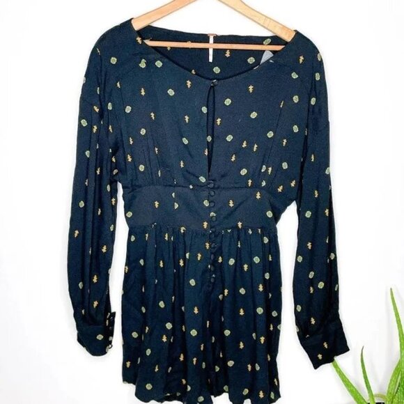 Free People Love Grows Printed Romper Black Long Sleeve Cottage Dress 1 Piece S - Picture 5 of 10